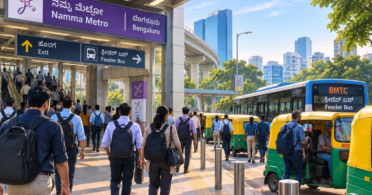 Commuters walking from a Namma Metro station in Bengaluru towards waiting autos and a feeder bus