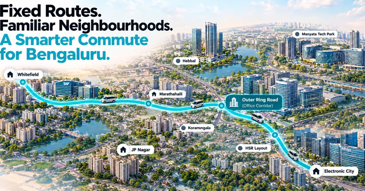 Simplified map of Bengaluru showing several commute route lines in cyan and grey, with one highlighted fixed-route shared cab line between residential areas and an office corridor.