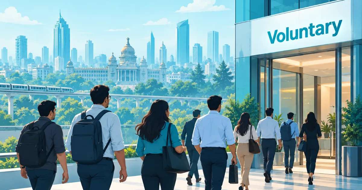Illustration of office workers walking toward a tower door marked Voluntary, with a faint Bengaluru skyline behind, in cyan tones