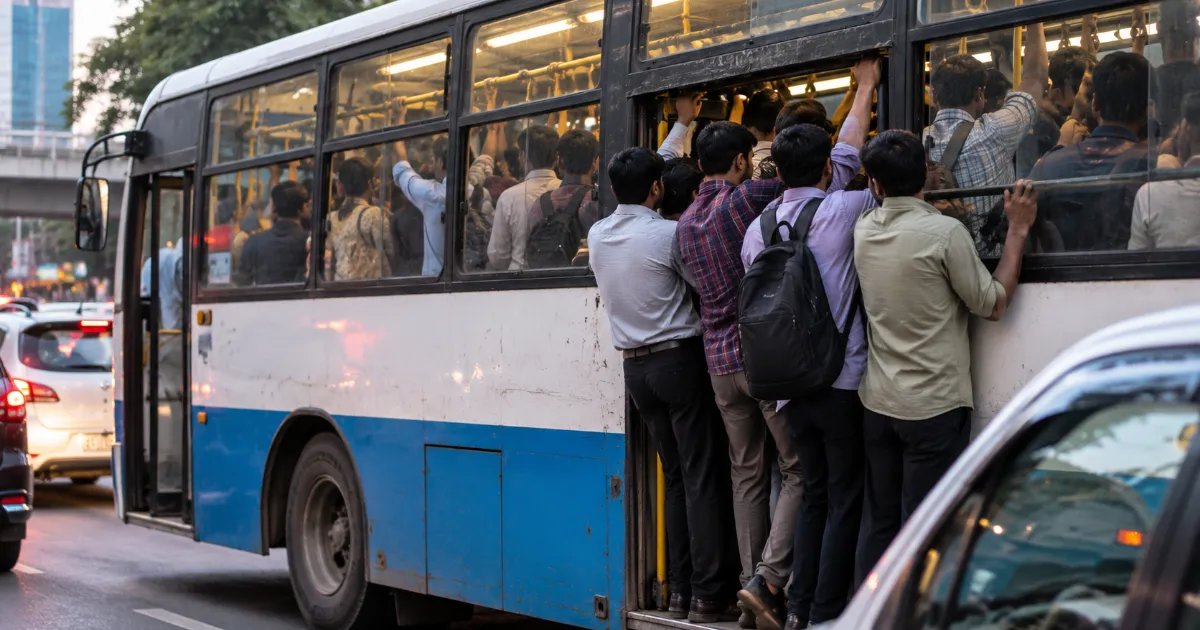 Overcrowded city bus in Bengaluru at peak hour with passengers standing packed inside, surrounded by slow traffic