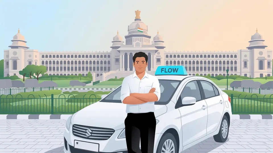 A Flow driver partner standing beside his white FLOW cab in front of the Vidhana Soudha in Bangalore