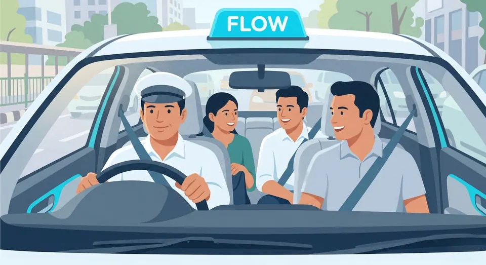 Three office commuters chatting in the back of a FLOW shared cab while the driver takes them to work